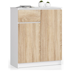 Commode Akord K80 Blanche 80 Cm 2 Portes 1 Tiroir Façade Chêne Sonoma 4 Étagères 80X40X99 Cm