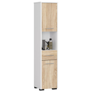 Colonne Salle De Bains Akord Fin Blanche 30 Cm 2 Portes 1 Tiroir Façade Chêne Sonoma 5 Étagères 30X30X140 Cm