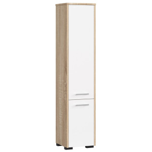Colonne Salle De Bains Akord Fin Chêne Sonoma 30 Cm 2 Portes Façade Blanche 5 Étagères 30X30X140 Cm