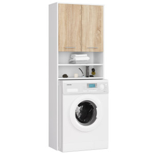 Meuble Pour Machine À Laver Fin Blanche 64 Cm 2 Portes Façade Chêne Sonoma Niche 4 Étagères 64X30X180 Cm