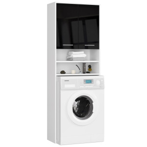 Meuble Pour Machine À Laver Fin Blanche 64 Cm 2 Portes Façade Noir Brillant Niche 4 Étagères 64X30X180 Cm