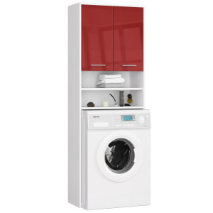 Meuble Pour Machine À Laver Fin Blanche 64 Cm 2 Portes Façade Rouge Brillante Niche 4 Étagères 64X30X180 Cm