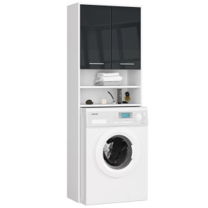 Meuble Pour Machine À Laver Fin Blanche 64 Cm 2 Portes Façade Graphite Brillant Niche 4 Étagères 64X30X180 Cm