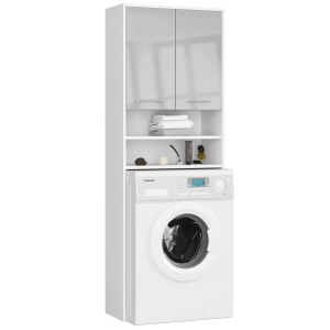Meuble Pour Machine À Laver Fin Blanche 64 Cm 2 Portes Façade Métallique Brillant Niche 4 Étagères 64X30X180 Cm