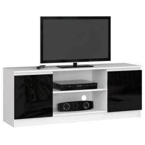 Meuble Tv Pour Salon Akord Blanc 140 Cm 2 Portes Façade Noir Brillant 2 Étagères 140X40X55 Cm