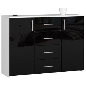 Commode Akord K45 Blanche 110 Cm 2 Portes 4 Tiroirs Façade Noir Brillant 4 Étagères 110X35X80 Cm