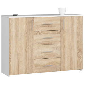 Commode Akord K45 Blanche 110 Cm 2 Portes 4 Tiroirs Façade Chêne Sonoma 4 Étagères 110X35X80 Cm