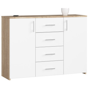 Commode Akord K45 Chêne Sonoma 110 Cm 2 Portes 4 Tiroirs Façade Blanche 4 Étagères 110X35X80 Cm