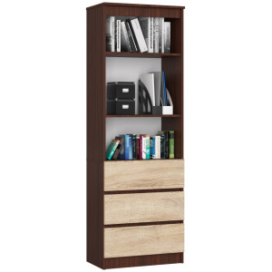 Bibliothèque De Bureau Akord R60 Wengé 60 Cm 3 Tiroirs Façade Chêne Sonoma Mat 3 Étagères 60X35X180 Cm