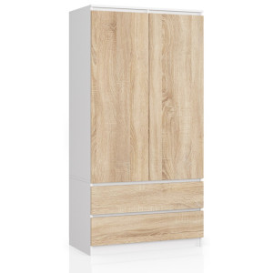 Armoire Akord S90 Blanche 90 Cm 2 Portes 2 Tiroirs Façade Chêne Sonoma 4 Étagères 90X51X180 Cm