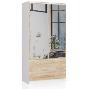Armoire Akord S90 Avec Miroir Blanche 90 Cm 2 Portes 2 Tiroirs Façade Chêne Sonoma 4 Étagères 90X51X180 Cm