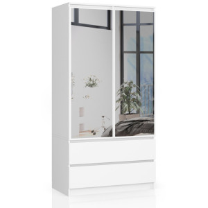 Armoire Akord S90 Avec Miroir Blanche 90 Cm 2 Portes 2 Tiroirs Façade Blanche 4 Étagères 90X51X180 Cm