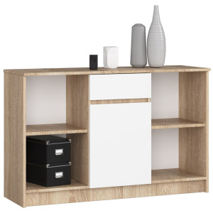 Commode Akord B17 Chêne Sonoma 120 Cm 1 Porte 1 Tiroir Façade Blanche 6 Étagères 120X40X77 Cm