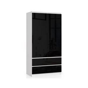 Armoire Akord S90 Blanche 90 Cm 2 Portes 2 Tiroirs Façade Noir Brillant 4 Étagères 90X51X180 Cm