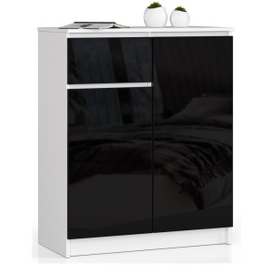 Commode Akord K80 Blanche 80 Cm 2 Portes 1 Tiroir Façade Noir Brillant 4 Étagères 80X40X99 Cm