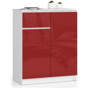 Commode Akord K80 Blanche 80 Cm 2 Portes 1 Tiroir Façade Rouge Brillante 4 Étagères 80X40X99 Cm