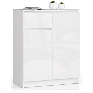 Commode Akord K80 Blanche 80 Cm 2 Portes 1 Tiroir Façade Blanche Brillante 4 Étagères 80X40X99 Cm