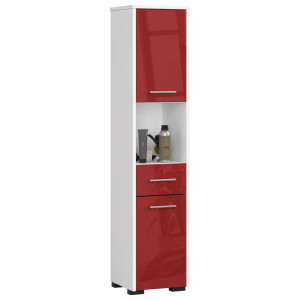 Colonne Salle De Bains Akord Fin Blanche 30 Cm 2 Portes 1 Tiroir Façade Rouge Brillante 5 Étagères 30X30X140 Cm
