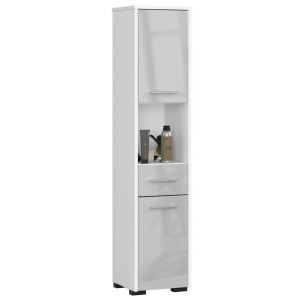 Colonne Salle De Bains Akord Fin Blanche 30 Cm 2 Portes 1 Tiroir Façade Métallique Brillant 5 Étagères 30X30X140 Cm