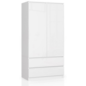 Armoire Akord S90 Blanche 90 Cm 2 Portes 2 Tiroirs Façade Blanche Brillante 4 Étagères 90X51X180 Cm