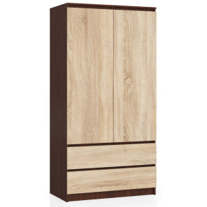 Armoire Akord S90 Wengé 90 Cm 2 Portes 2 Tiroirs Façade Chêne Sonoma 4 Étagères 90X51X180 Cm