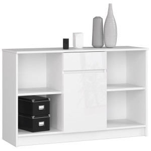 Commode Akord B17 Blanche 120 Cm 1 Porte 1 Tiroir Façade Blanche Brillante 6 Étagères 120X40X77 Cm