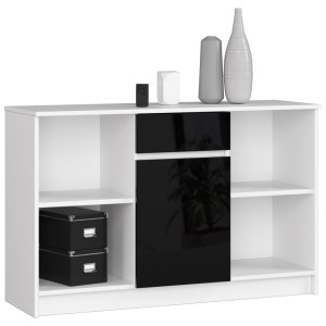 Commode Akord B17 Blanche 120 Cm 1 Porte 1 Tiroir Façade Noir Brillant 6 Étagères 120X40X77 Cm