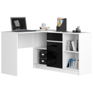 Ensemble D'angle Akord Bureau B17 Avec Commode Blanc 120 Cm 1 Porte 1 Tiroir Façade Noir Brillant 6 Étagères 120X126X79 Cm