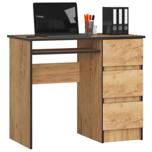Bureau D'ordinateur Akord Droit A6 Chêne Craft 90 Cm 3 Tiroirs Façade Chêne Craft 1 Étagère 90X50X77 Cm