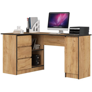 Grand Bureau D'angle Akord Gauche B20 Chêne Craft 155 Cm 1 Porte 3 Tiroirs Façade Chêne Craft 4 Étagères 155X85X77 Cm
