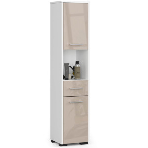 Colonne Salle De Bains Akord Fin Blanche 30 Cm 2 Portes 1 Tiroir Façade Cappuccino Brillant 5 Étagères 30X30X140 Cm
