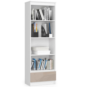 Bibliothèque De Bureau Akord R60 Blanche 60 Cm 1 Tiroir Façade Cappuccino Brillant 4 Étagères 60X35X180 Cm