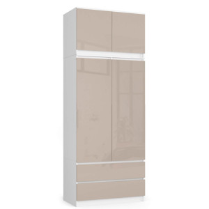 Armoire Avec Surmeuble Akord S90 Blanche 90 Cm 2 Portes 2 Tiroirs Façade Cappuccino Brillant 6 Étagères 90X51X234 Cm