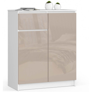 Commode Akord K80 Blanche 80 Cm 2 Portes 1 Tiroir Façade Cappuccino Brillant 4 Étagères 80X40X99 Cm