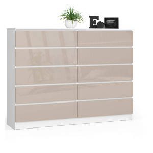 Grande Commode Pour Le Salon Akord K160 Blanche 160 Cm 10 Tiroirs Façade Cappuccino Brillant 160X40X121 Cm