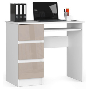 Bureau D'ordinateur Akord Gauche A6 Blanc 90 Cm 3 Tiroirs Façade Cappuccino Brillant 1 Étagère 90X50X77 Cm