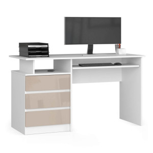 Bureau D'ordinateur Akord Clp Blanc 135 Cm 3 Tiroirs Façade Cappuccino Brillant 2 Étagères 135X60X77 Cm