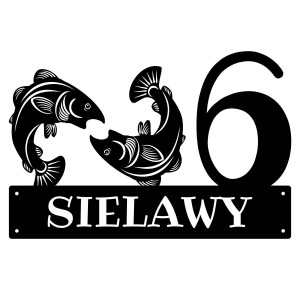 Numer na dom z rybami || Personalizowane numery na dom || Stalowe tabliczki adresowe z grafiką || Czarny mat || Unikalne grafiki || Personalizacja || Alaser