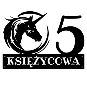 Numer na dom z jednorożcem || Personalizowane numery na dom || Stalowe tabliczki adresowe z grafiką || Czarny mat || Unikalne grafiki || Personalizacja || Alaser