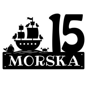 Numer na dom ze statkiem || Personalizowane numery na dom || Stalowe tabliczki adresowe z grafiką || Czarny mat || Unikalne grafiki || Personalizacja || Alaser