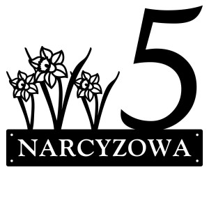 Numer na dom z narcyzem || Personalizowane numery na dom || Stalowe tabliczki adresowe z grafiką || Czarny mat || Unikalne grafiki || Personalizacja || Alaser