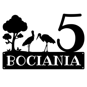 Numer na dom z bocianem || Personalizowane numery na dom || Stalowe tabliczki adresowe z grafiką || Czarny mat || Unikalne grafiki || Personalizacja || Alaser
