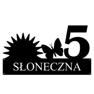 Numer na dom ze słońcem || Personalizowane numery na dom || Stalowe tabliczki adresowe z grafiką || Czarny mat || Unikalne grafiki || Personalizacja || Alaser