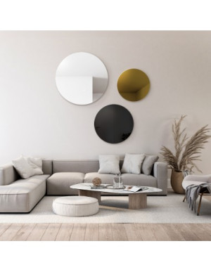 Set von drei runden Dekospiegeln, schwarze (Lacobel) und goldfarbene Spiegeltafel - GOLDI