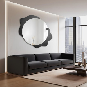 Decoratieve ronde spiegel op zwarte beits -DARK DROP