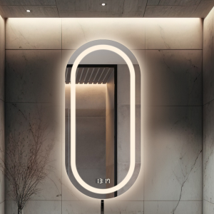 Łazienkowe lustro owalne z zegarem cyfrowym - HOLI LED PREMIUM