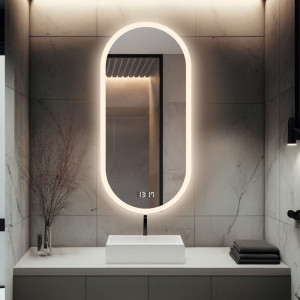 Łazienkowe lustro owalne z zegarem cyfrowym - ROMI LED PREMIUM