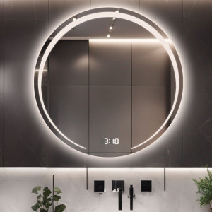 Łazienkowe lustro okrągłe z zegarem cyfrowym - NELA LED PREMIUM