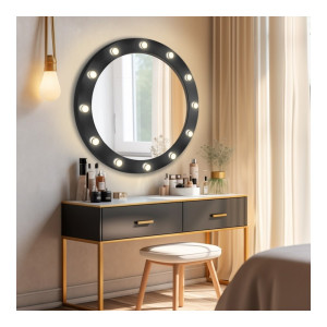 Okrągłe lustro kosmetyczne z żarówkami w ramie mdf - NEW YORK