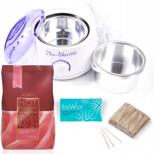 Zestaw do depilacji bezpaskowej wosk 1kg dropsy ItalWax rose Podgrzewacz Prowax talk szpatułki